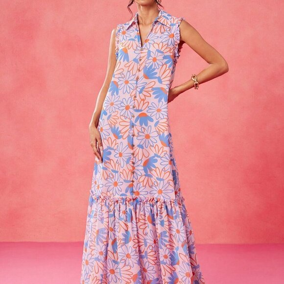 Multicolor Boho Women's Chiffon Floral Print Ruffle Hem Sleeveless Sun Dress - Picture 7 of 8